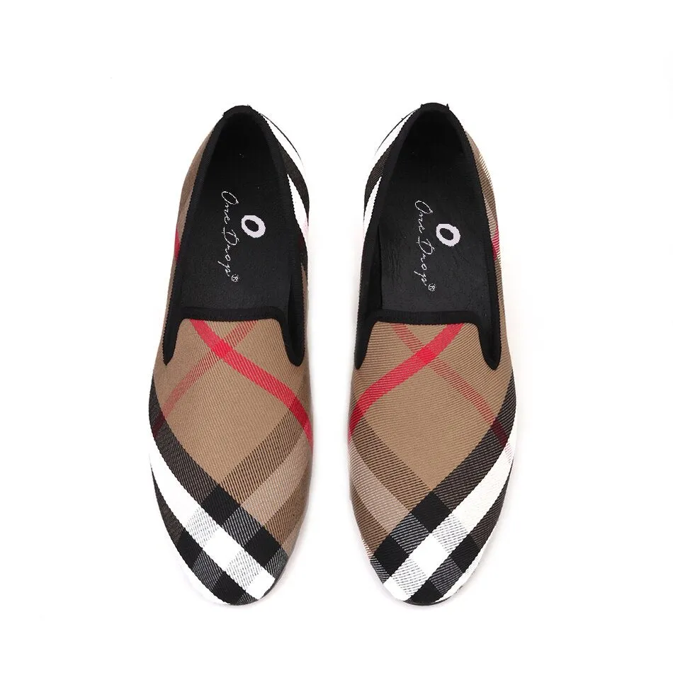 OneDrop Handmade Dress Shoes Blue White Plaid Canvas Men Leather Insole Wedding Party Prom Loafers Dior Shoes Loafers