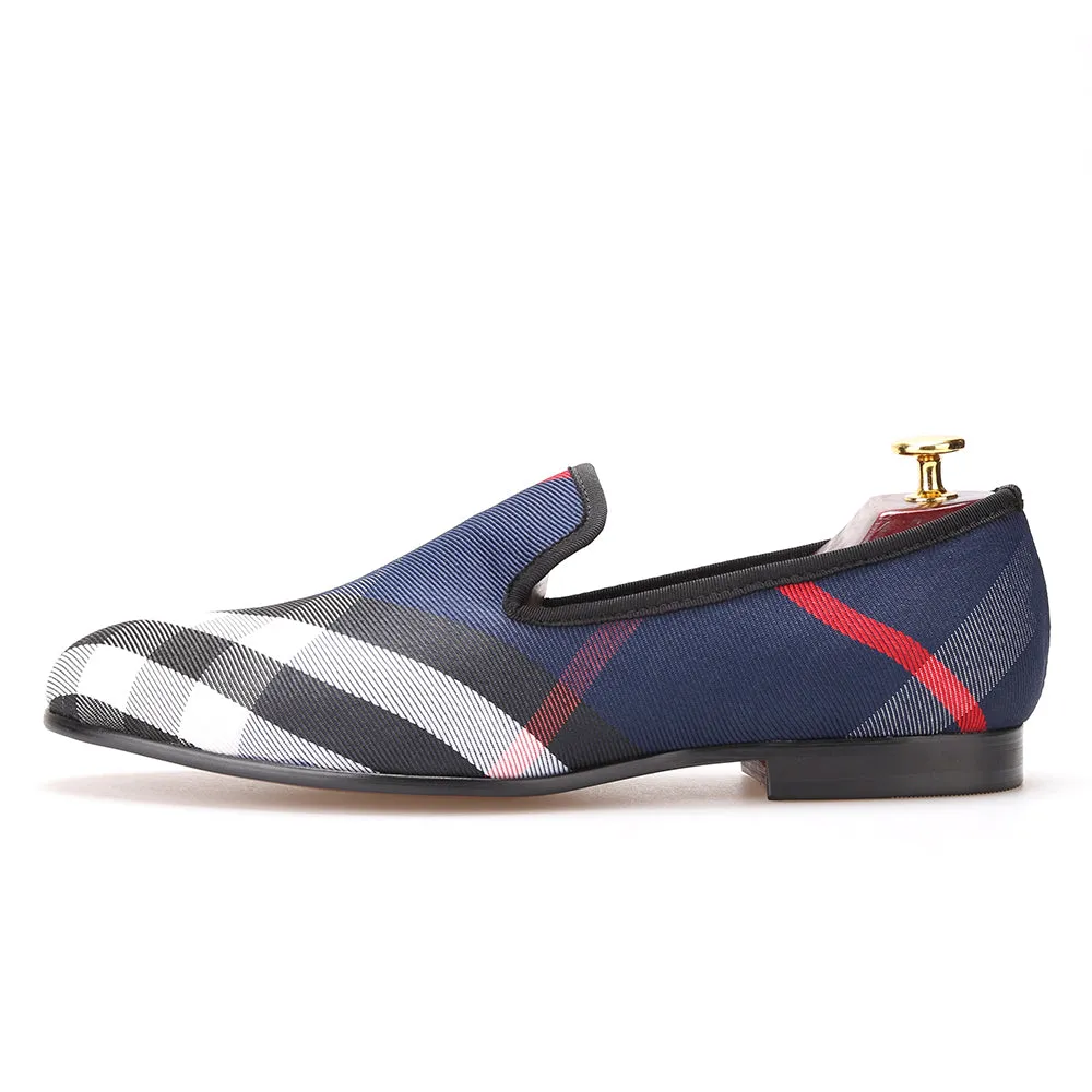 Penny Loafers 80s OneDrop Handmade Dress Shoes Blue White Plaid Canvas Men Leather Insole Wedding Party Prom Loafers