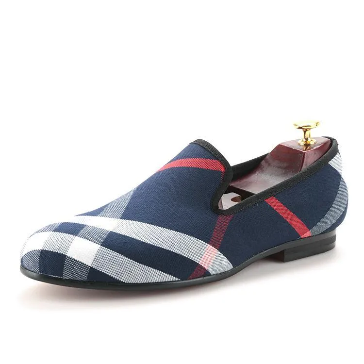 Brown Loafers Casual OneDrop Handmade Dress Shoes Blue White Plaid Canvas Men Leather Insole Wedding Party Prom Loafers