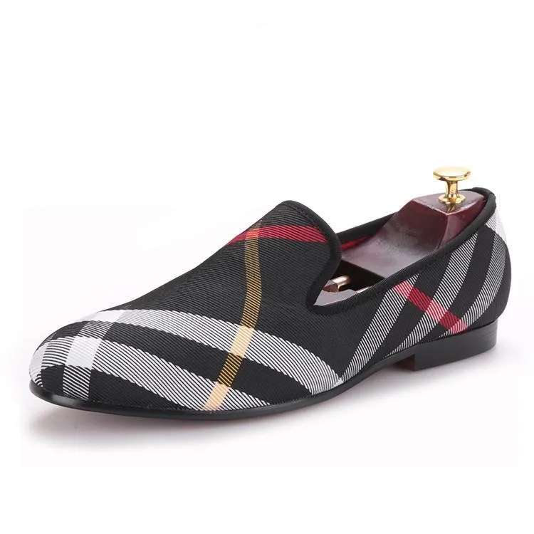 Calfskin Sulky Kiltie Loafers OneDrop Handmade Dress Shoes Blue White Plaid Canvas Men Leather Insole Wedding Party Prom Loafers