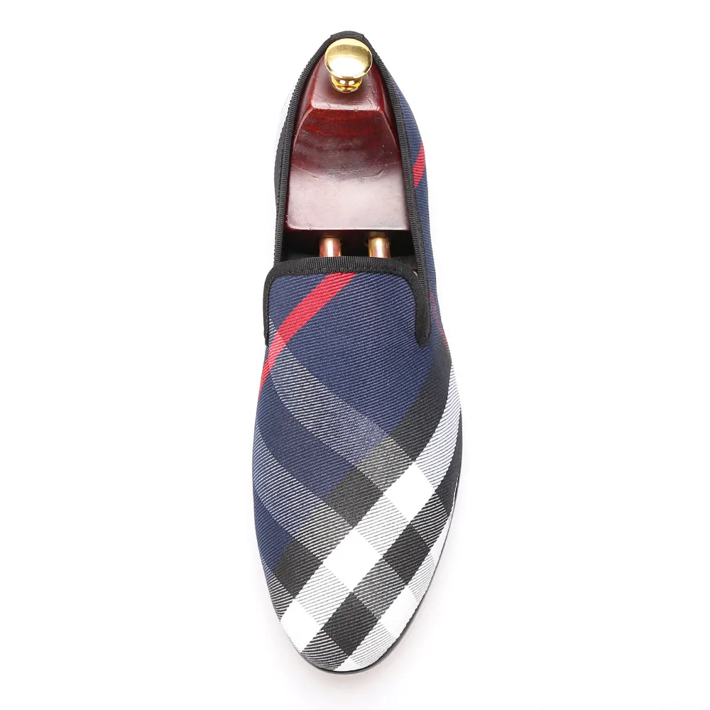 OneDrop Handmade Dress Shoes Blue White Plaid Canvas Men Leather Insole Wedding Party Prom Loafers Loafers Fox Chapel