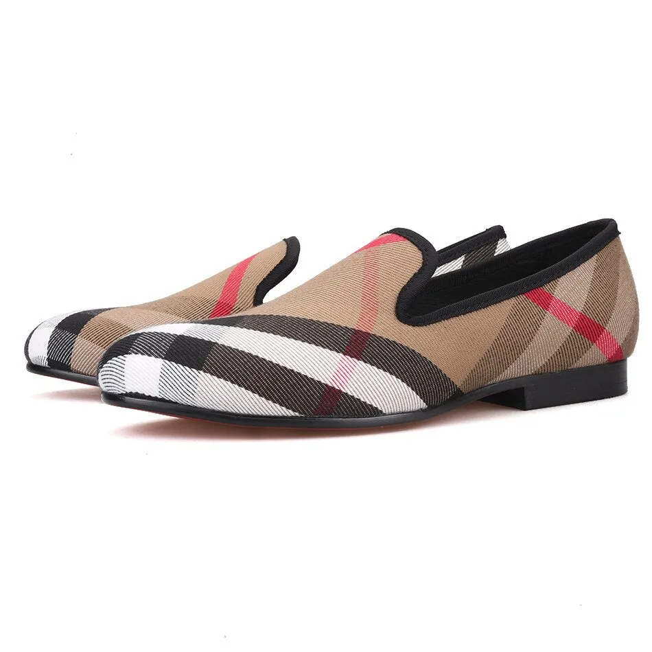 OneDrop Handmade Dress Shoes Blue White Plaid Canvas Men Leather Insole Wedding Party Prom Loafers Loafers With No Heel