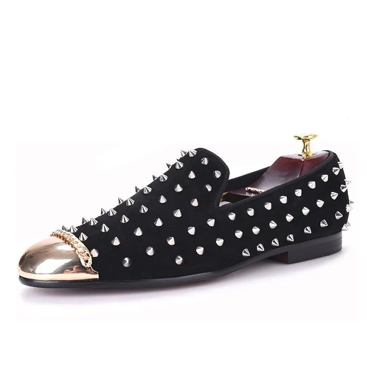 OneDrop Handmade Men Black Suede Silver Rivets Spikes Gold Metal Toe  Party Wedding Banquet Prom Loafers Loafers Croco