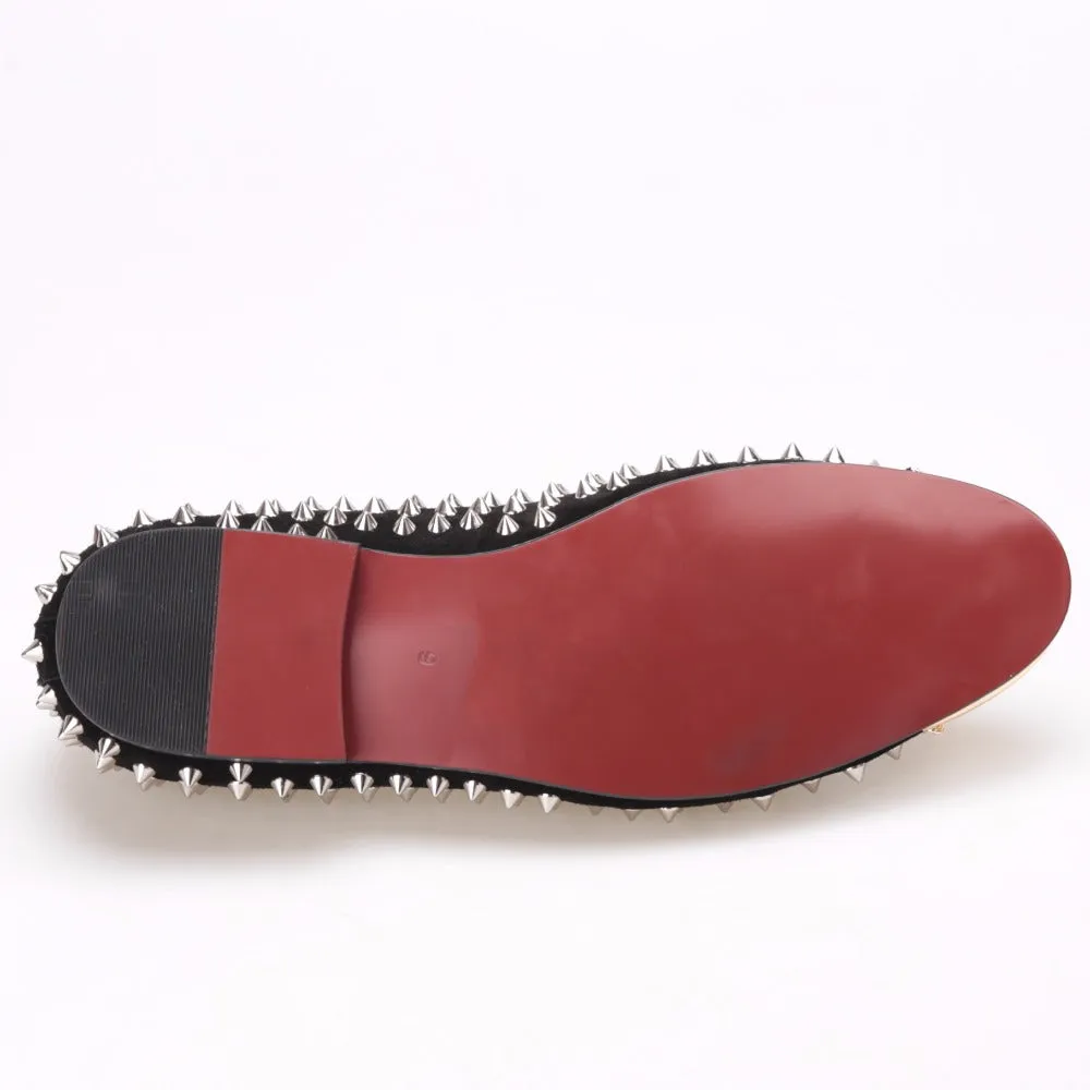 In Loafers OneDrop Handmade Men Black Suede Silver Rivets Spikes Gold Metal Toe  Party Wedding Banquet Prom Loafers
