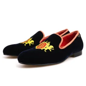 Clark's Loafers OneDrop Handmade Men Dress Shoes Refinement Embroidery Navy Upper Gold Outsole Velvet Wedding Party Prom Loafers