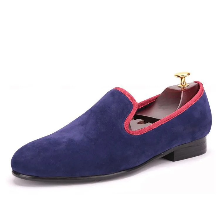House Shoe Loafers OneDrop Handmade Men Velvet Dress Shoes Black Red Trim Wedding Party Prom Loafers