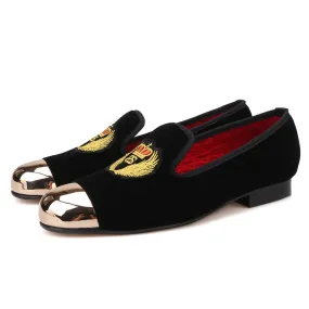 Platform Chunky Loafers OneDrop Handmade Men Velvet Metal Toe Embroidery Dress Shoes Party Wedding Prom Loafers