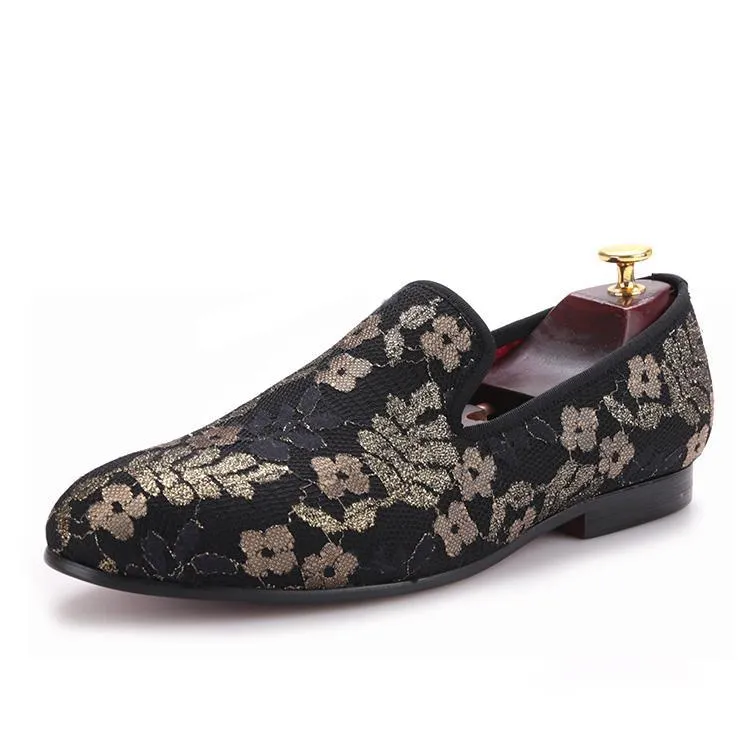 Velvet Dress Loafers OneDrop Handmade Sequined Cloth Printing Men Dress Shoes Flower Party Wedding Prom Loafers