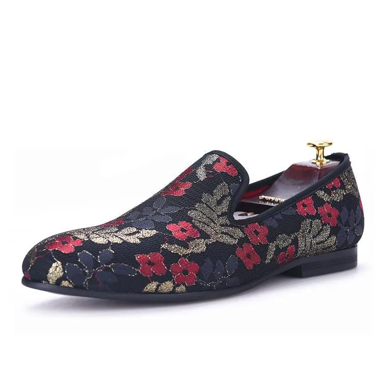 OneDrop Handmade Sequined Cloth Printing Men Dress Shoes Flower Party Wedding Prom Loafers Louis Loafers