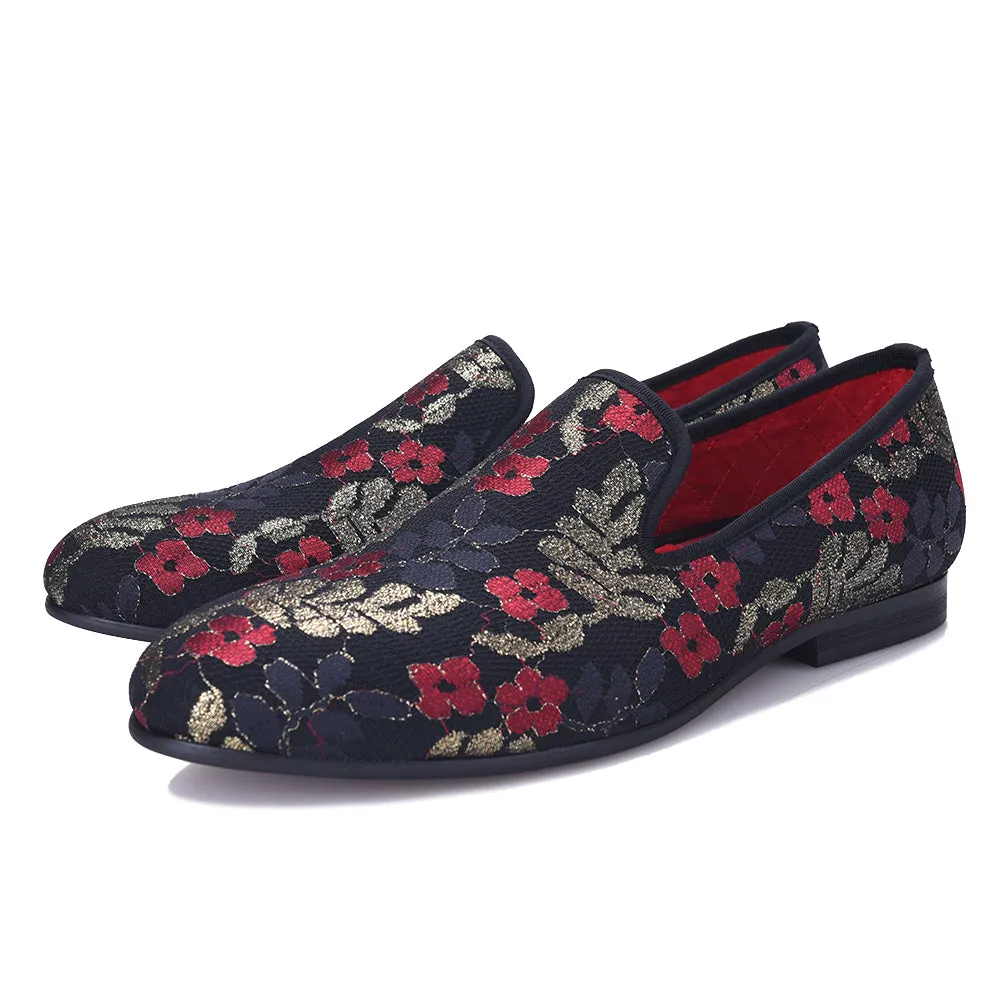 OneDrop Handmade Sequined Cloth Printing Men Dress Shoes Flower Party Wedding Prom Loafers Derschutze Loafers