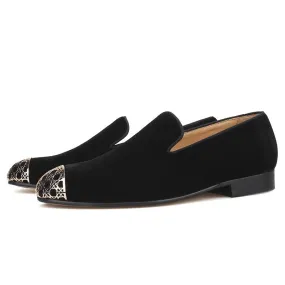 Ecco Shoes Loafers OneDrop Men Gold Metal Toe Velvet Handmade Dress Shoes Party Wedding Prom Loafers