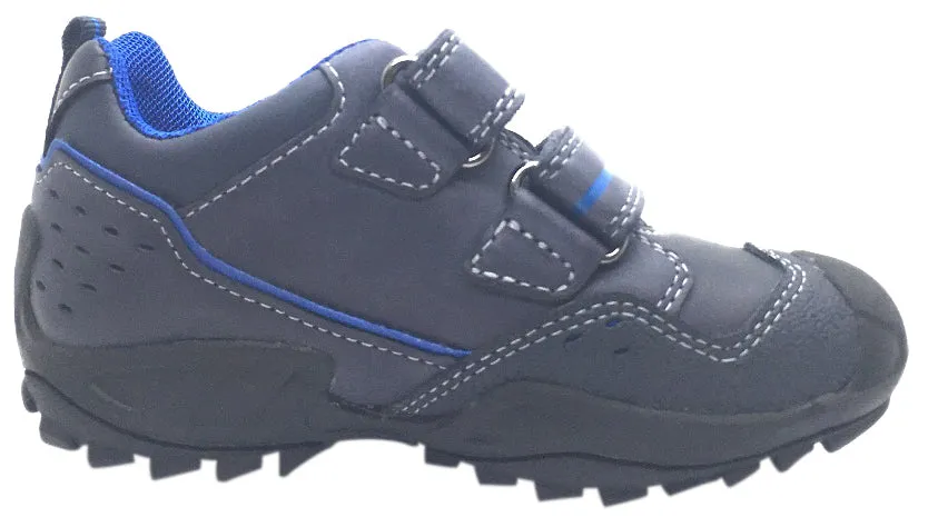 Geox Boy's Savage Navy Royal Blue Leather Double Hook and Loop Sporty Sole Low Top Sneaker Custom Asics Running Shoes