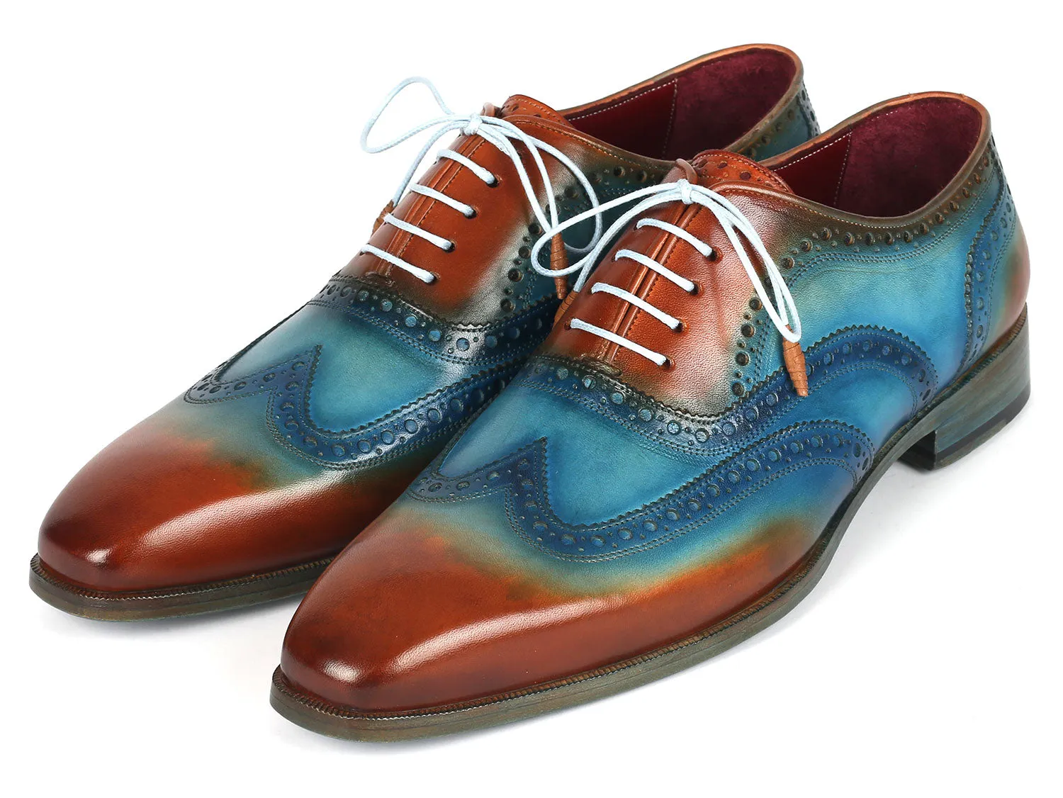 Paul Parkman Men's Wingtip Oxfords Turquoise & Tobacco (ID#228-TRQ) Womens Leather Sole Dress Shoes
