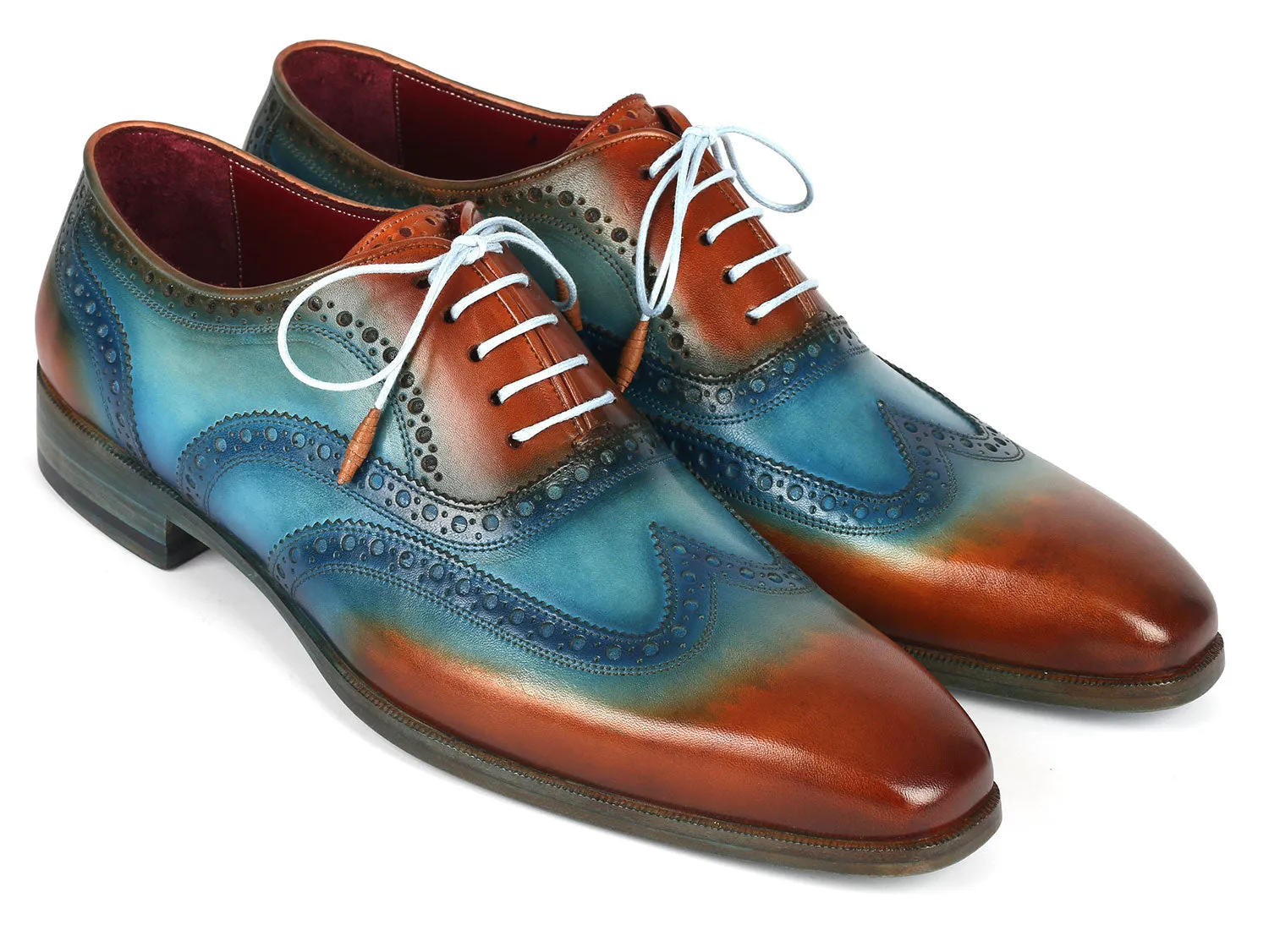 Paul Parkman Men's Wingtip Oxfords Turquoise & Tobacco (ID#228-TRQ) Party Dress With Flat Shoes