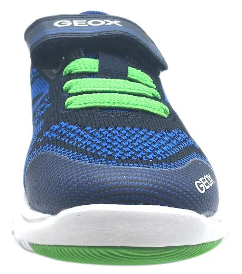 Geox Boy's Xunday Navy Blue Green Lightweight Textile Hook and Loop Strap Elastic Lace Sporty Low Top Breathable Sneaker List Of Asics Shoes