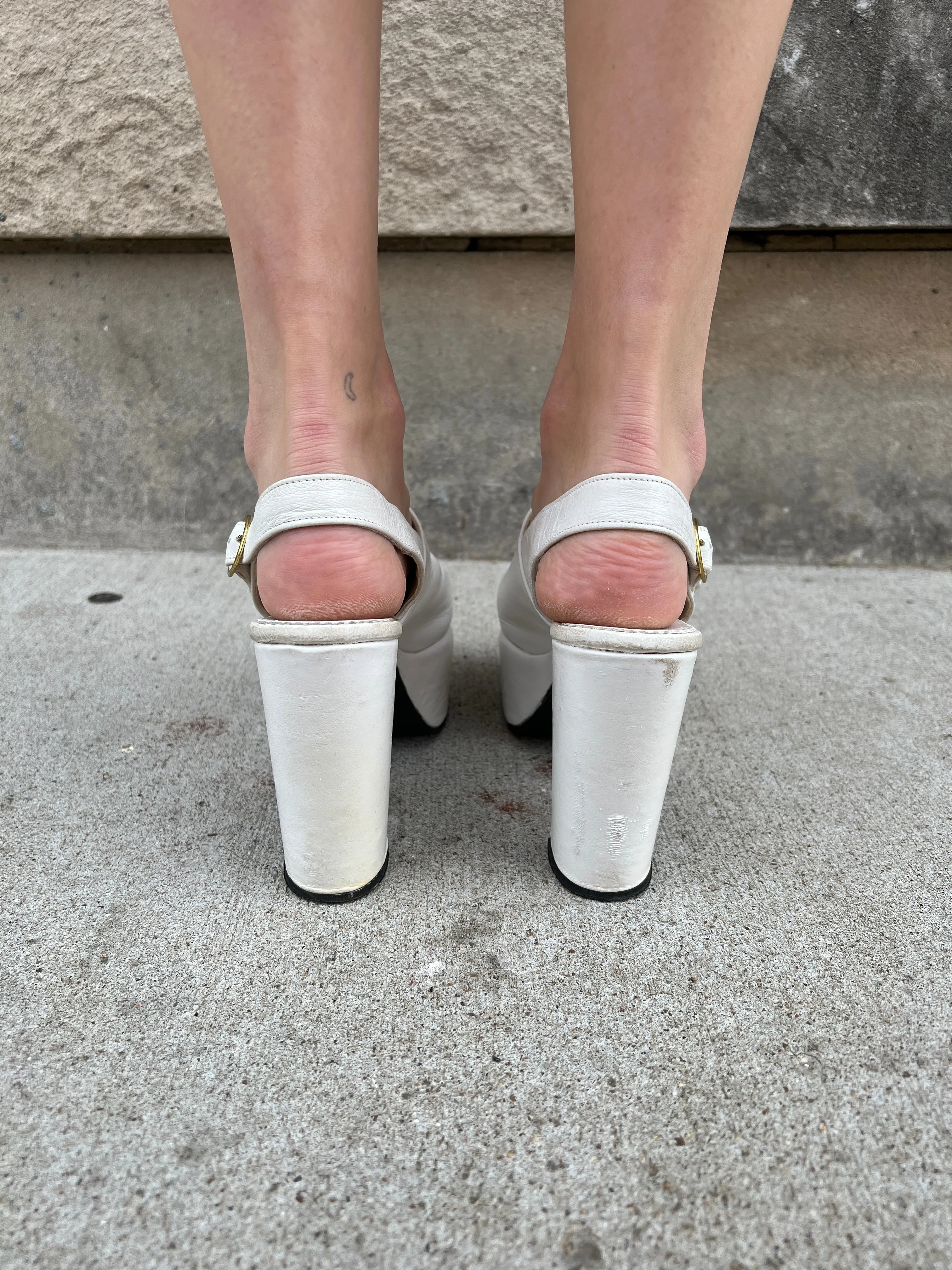 70s White Leather Slingback Platform Shoes, Gino Bellini Adidas Br Lee Shoe