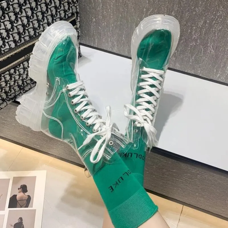 Timberland Rain Boots Vibram Back to school outfit lovevop  Women  Platform Transparant Free Socks Ankle Boots Ladies New Original Lace-Up Rain Boots Female Breathable Casual Booties