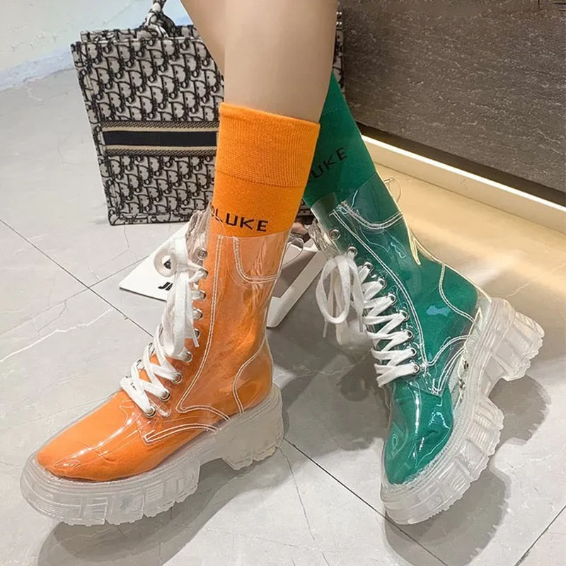 Back to school outfit lovevop  Women  Platform Transparant Free Socks Ankle Boots Ladies New Original Lace-Up Rain Boots Female Breathable Casual Booties Hunter Rain Boots True To Size