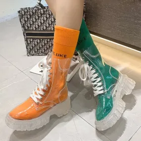 Back to school outfit lovevop  Women  Platform Transparant Free Socks Ankle Boots Ladies New Original Lace-Up Rain Boots Female Breathable Casual Booties Wearing Rain Boots When It's Not Raining