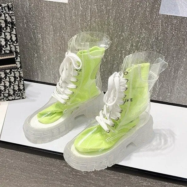 Back to school outfit lovevop  Women  Platform Transparant Free Socks Ankle Boots Ladies New Original Lace-Up Rain Boots Female Breathable Casual Booties Spring Step Rain Boots