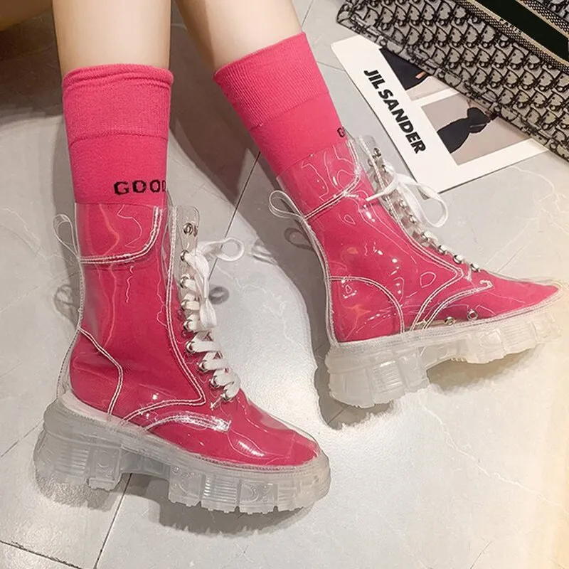 Back to school outfit lovevop  Women  Platform Transparant Free Socks Ankle Boots Ladies New Original Lace-Up Rain Boots Female Breathable Casual Booties Hartley Rain Boots