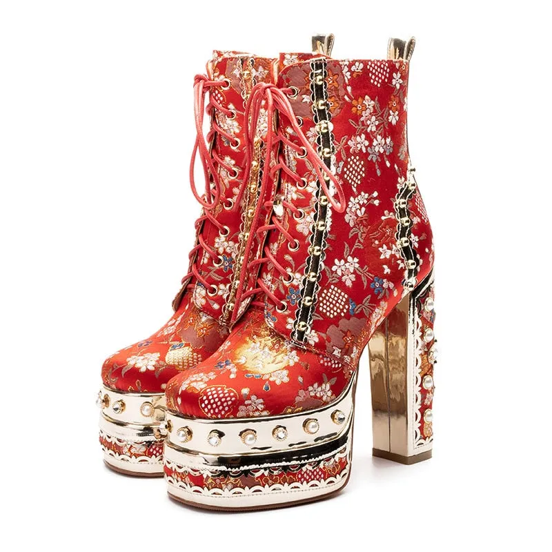 Crystal Silk Embroidery Platform Ankle Boots Stan Adidas Shoes