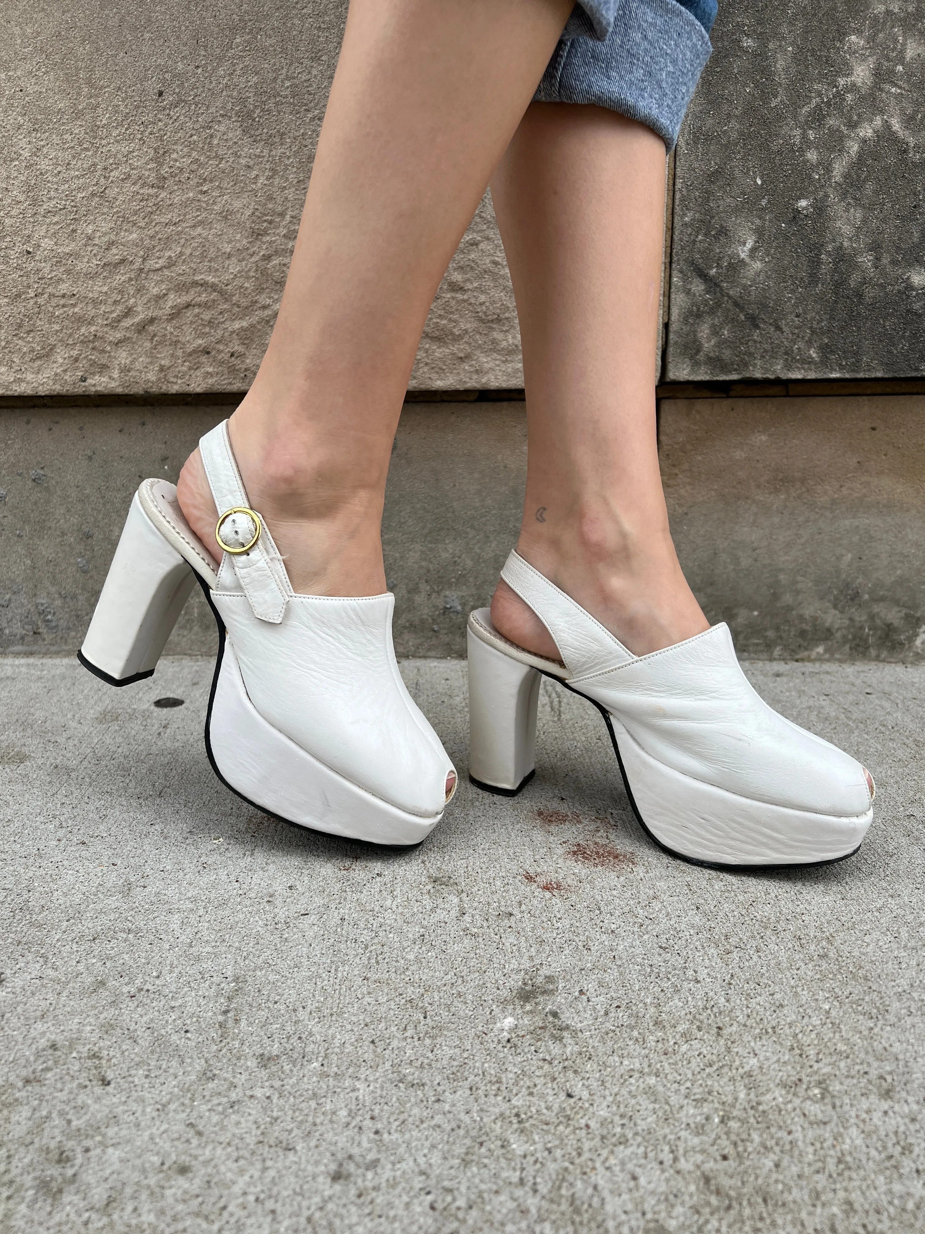 70s White Leather Slingback Platform Shoes, Gino Bellini Early 2000s Adidas Shoes