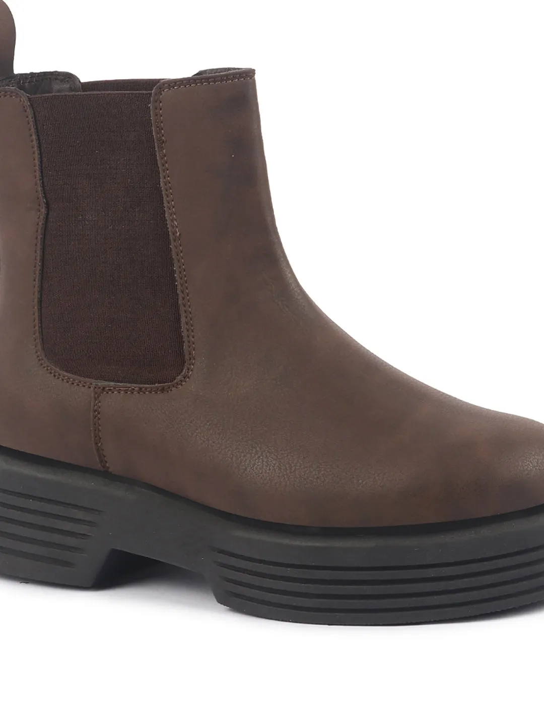 Best Type Of Work Boots Women Brown Height Enhancer Flared Heel High Ankle Top Winter Chelsea Boots|Work Boot|Memory Cushioned Footbed