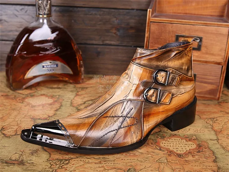 Hand Made Italian Military Dress Boots Steel Pointed Toe Men Shoes Low Heel Leather Boots