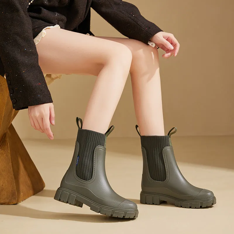 Hot Rain Boots Wear-Resistant Height-Increasing Waterproof Non-Slip Outdoor Elastic Band Rain Boots for Women