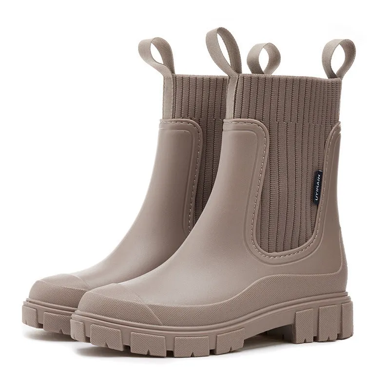 English Rain Boots Wear-Resistant Height-Increasing Waterproof Non-Slip Outdoor Elastic Band Rain Boots for Women