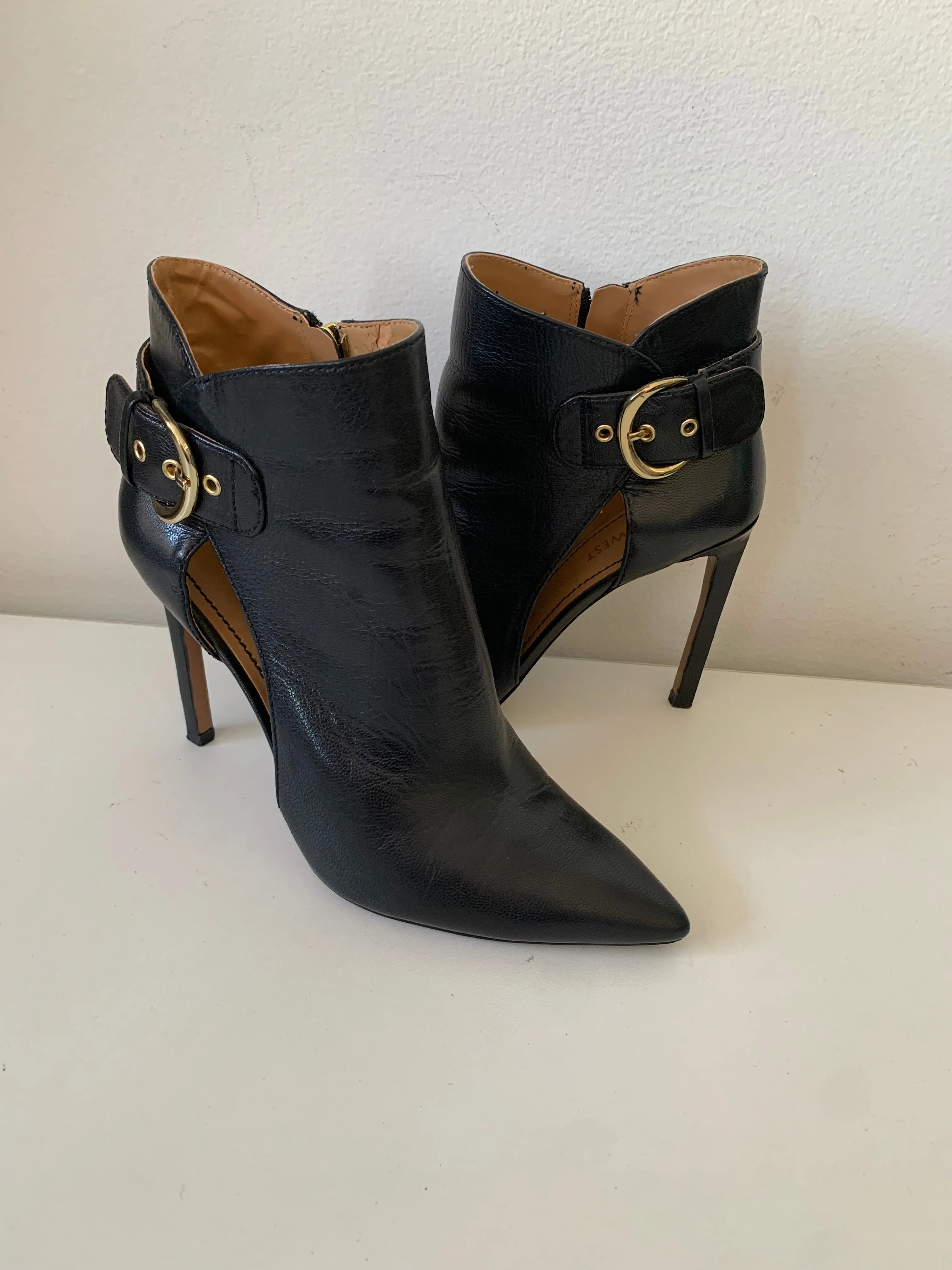 Nine West Tricia Cut Out Black Leather Heeled Boot Size 7.5 Adidas 4e Wide Shoes