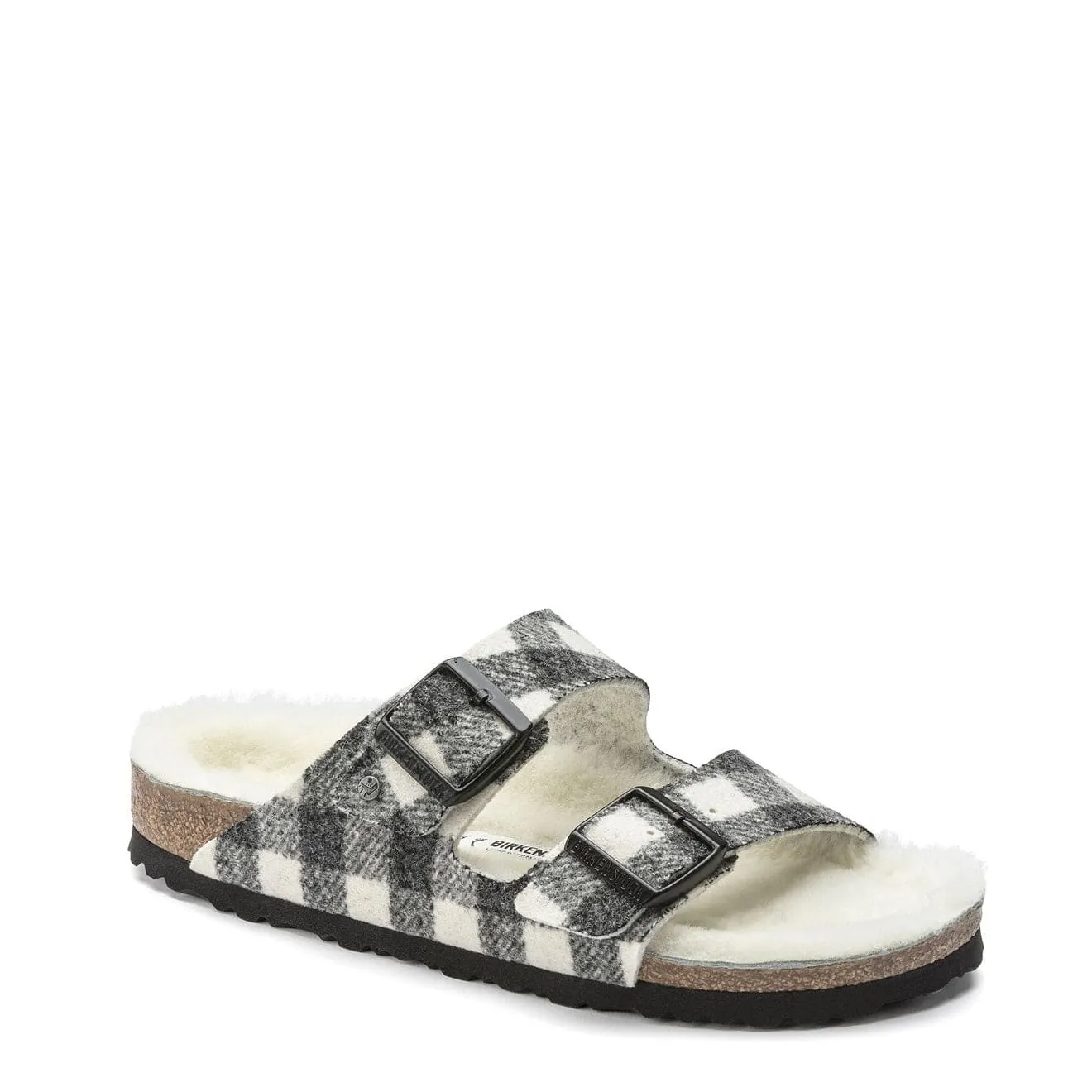 Cool Texture Day Comfort Birkenstock Womens Arizona Shearling Wool Narrow Sandal Plaid White