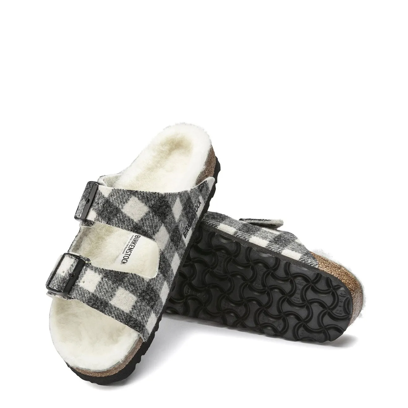 Birkenstock Womens Arizona Shearling Wool Narrow Sandal Plaid White Urban Look