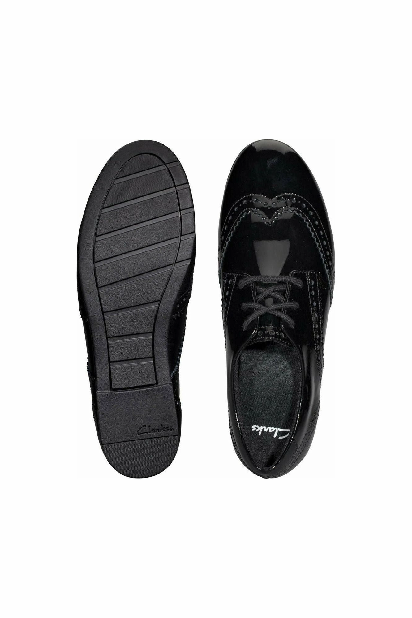 Clarks Scala Lace Youth Black Patent Elastic Band Memory Foam Insoles