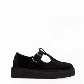 Pose Shot Clarks Originals Womens The Trek Wedge T-Bar Black Suede