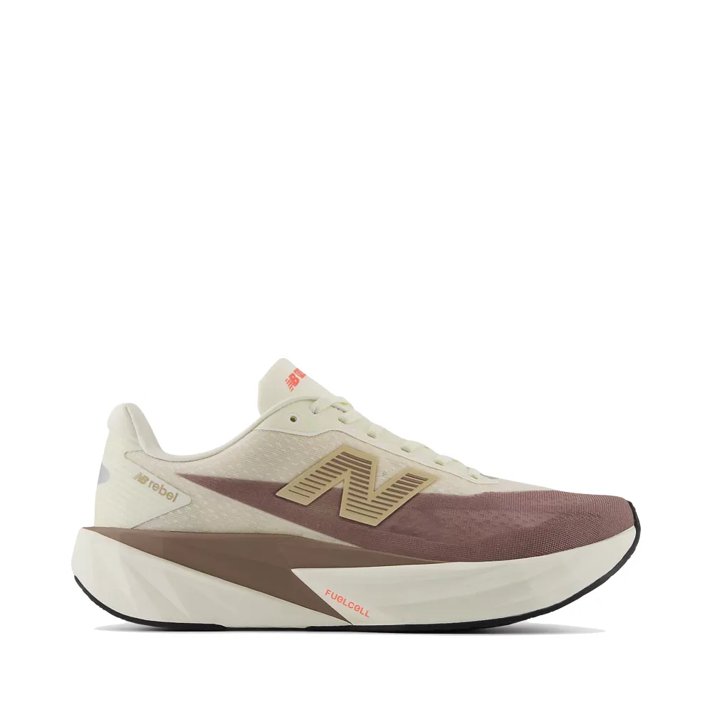 New Balance Men's FuelCell Rebel v5 Sneaker in Angora with Earth Shadow and Sea Salt Red New Balance Running Shoes
