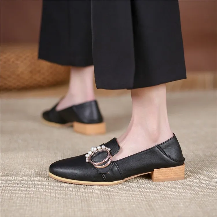 Masterbating In High Heels Women's Rhinestone Pearl Low Heel Chunky Pumps