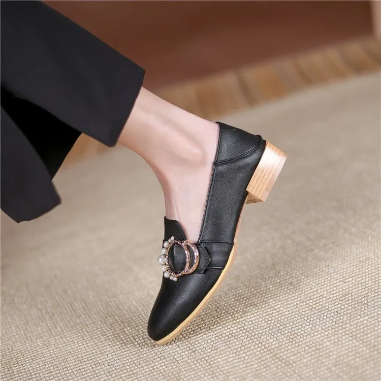 High Heels Front View Women's Rhinestone Pearl Low Heel Chunky Pumps