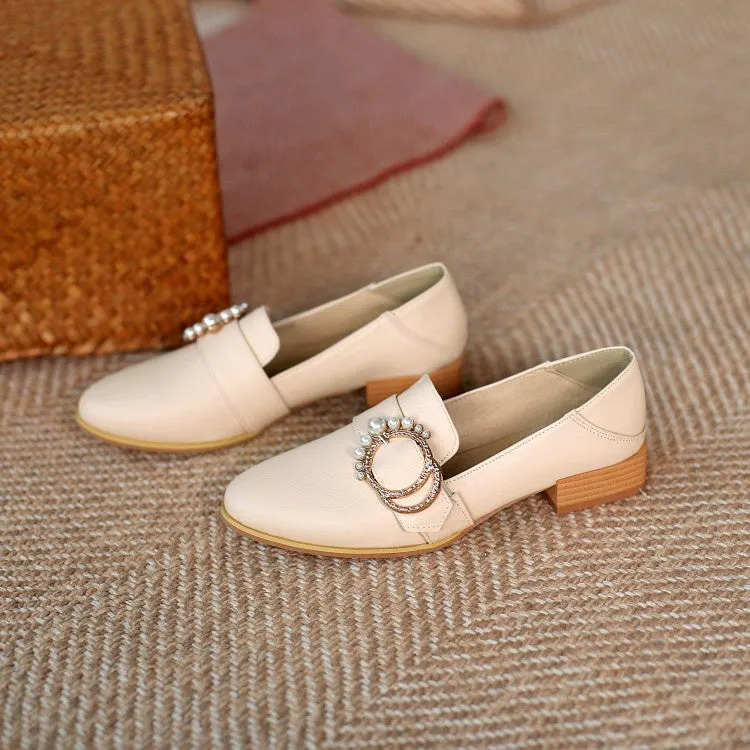 Women's Rhinestone Pearl Low Heel Chunky Pumps High Heels See Through