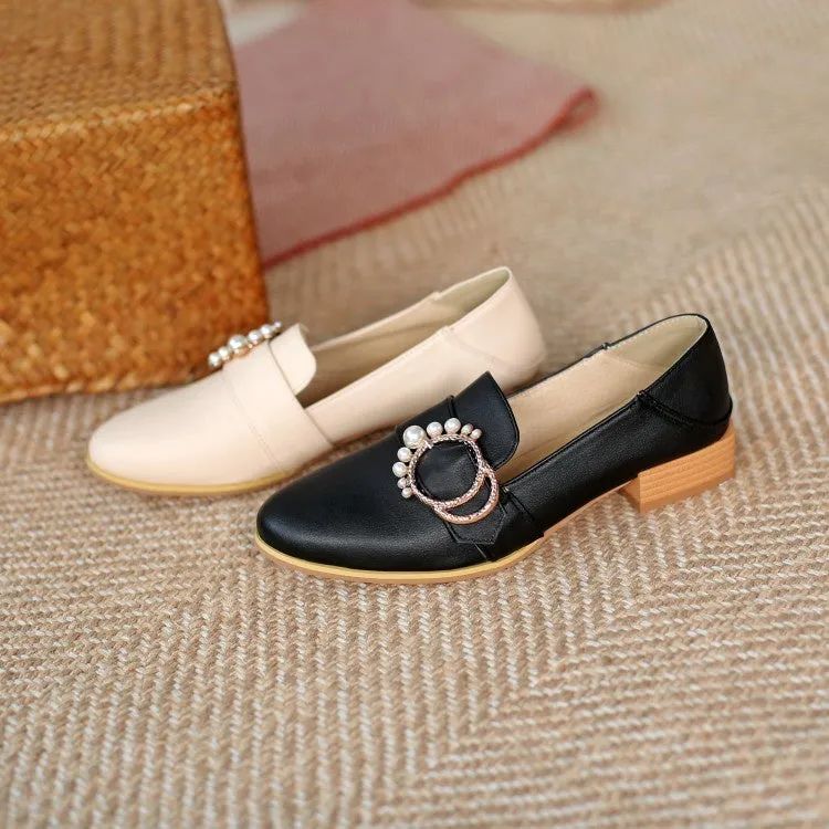 Women's Rhinestone Pearl Low Heel Chunky Pumps Guys High Heels