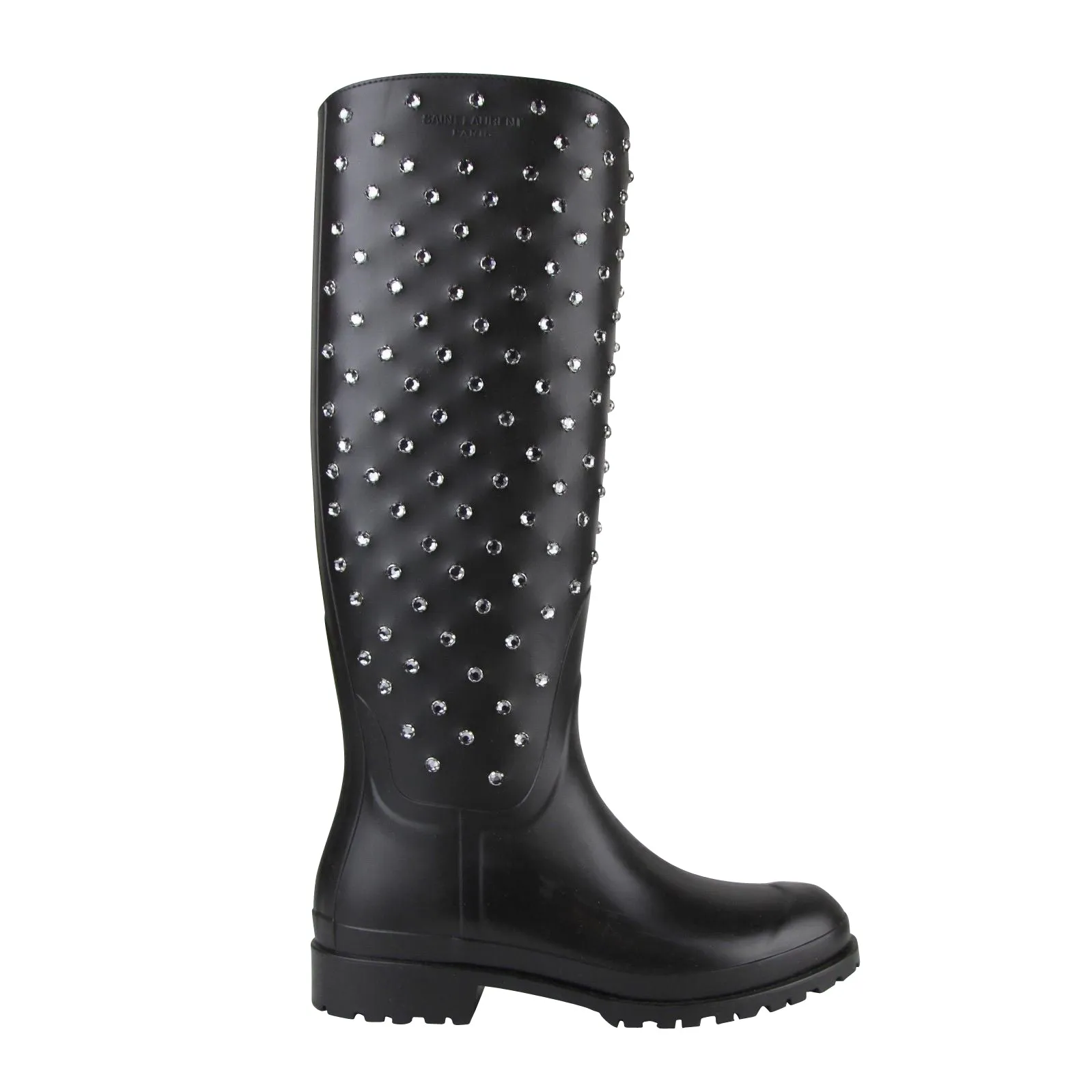Saint Laurent Women's  Rubber Women Rain Boots With Crystal Studs (36 EU / 6 US) Leopard Print Hunter Boots