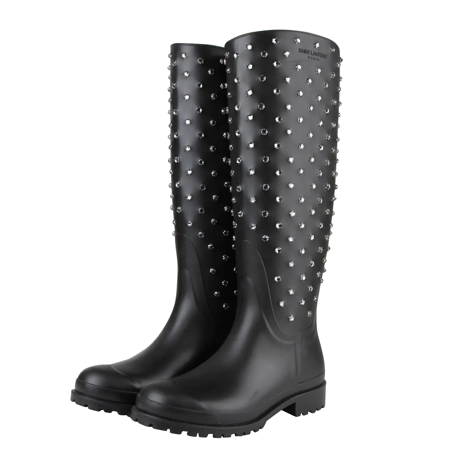Amina Muaddi Rain Boots Saint Laurent Women's  Rubber Women Rain Boots With Crystal Studs (36 EU / 6 US)