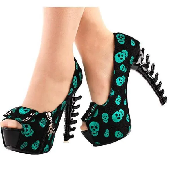 Shimmering Green Skull Cross bone High Heels Plantar Fasciitis Shoes Dress Shoes