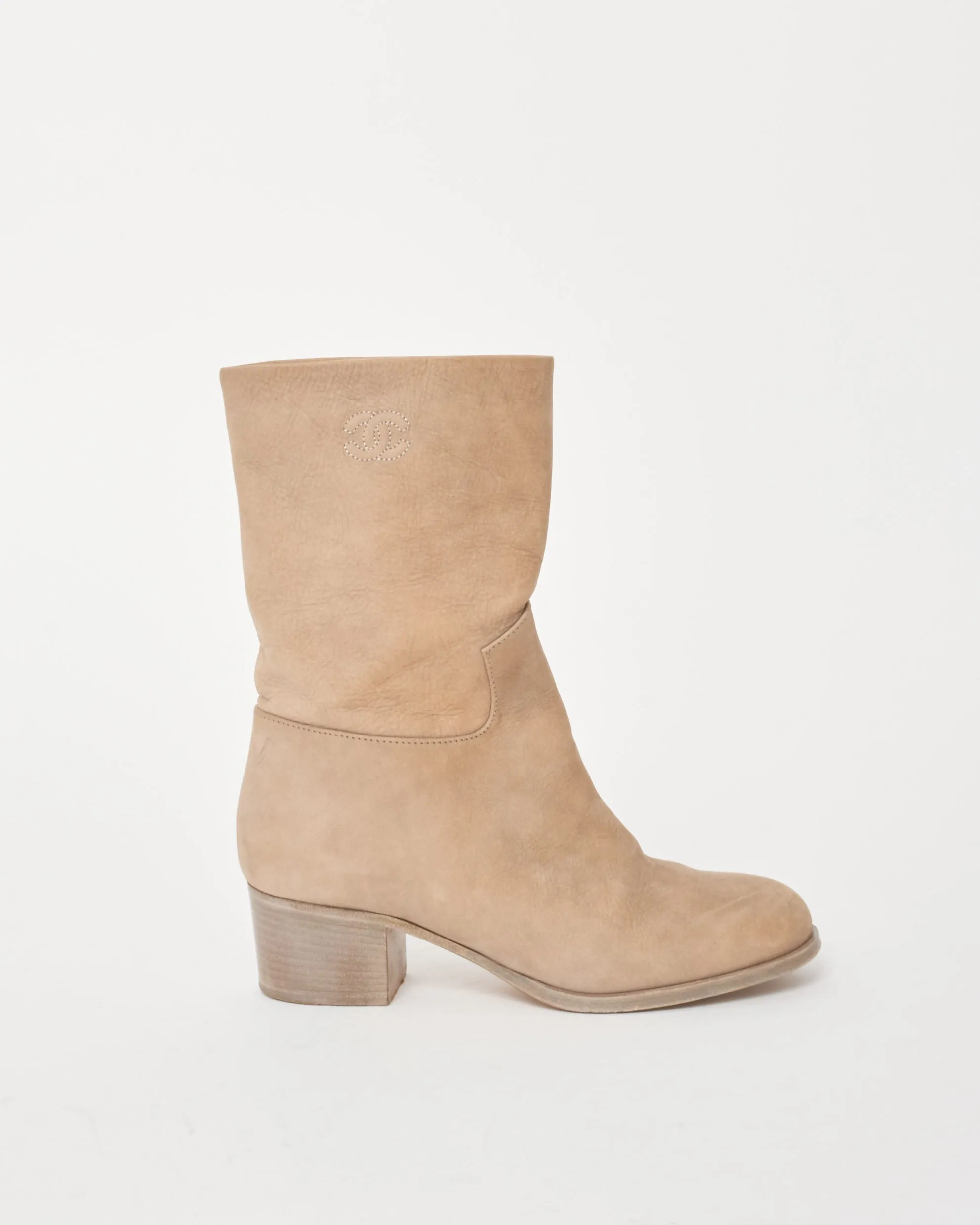 Chanel Beige Nubuck Leather Block Heel Boots - 36.5 Adidas Basketball Basketball Shoes