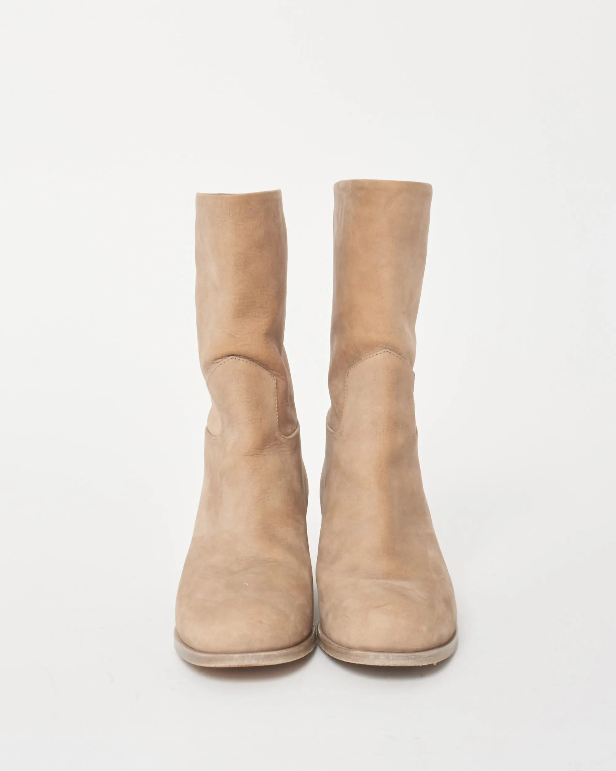 White Tennis Shoes Adidas Chanel Beige Nubuck Leather Block Heel Boots - 36.5