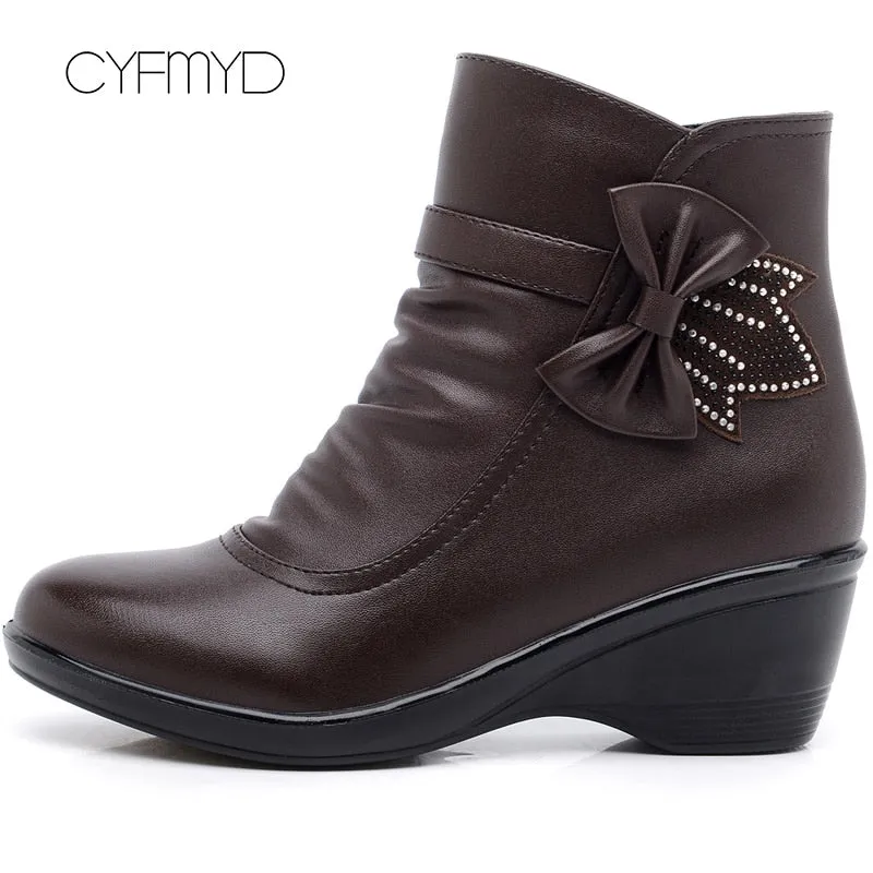 CYFMYD Butterfly-knot Ankle Booties Short Plush Women Fashion Zip Big Size Oaki Snow Boots