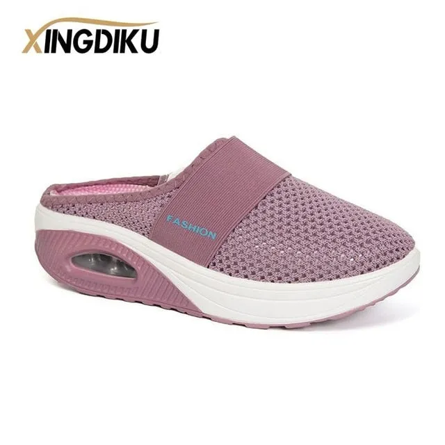 Ginger Slippers Air Cushion Slip-On Women Walking Shoes Orthopedic Diabetic Ladies Platform Mules Mesh Lightweight Slippers Wedge Female Sneaker