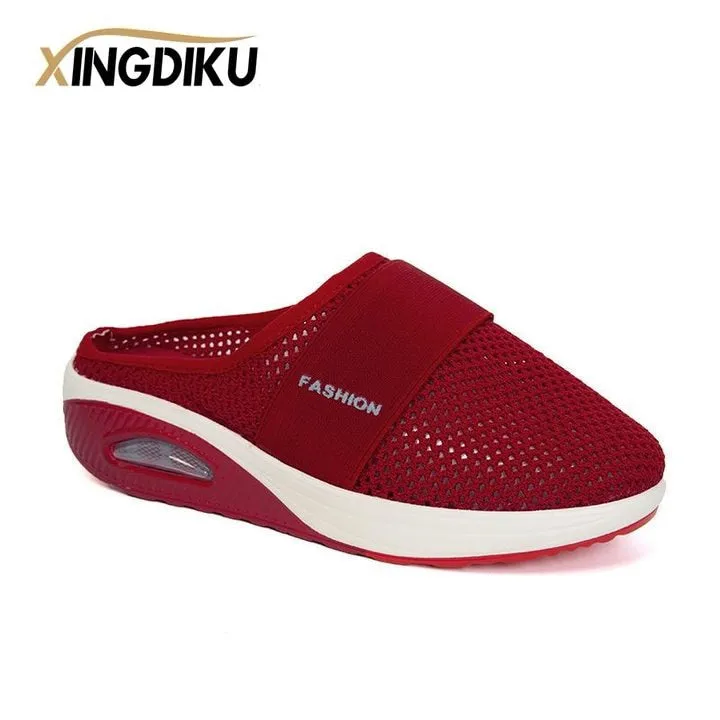 Hawaii Jesus Slippers Air Cushion Slip-On Women Walking Shoes Orthopedic Diabetic Ladies Platform Mules Mesh Lightweight Slippers Wedge Female Sneaker