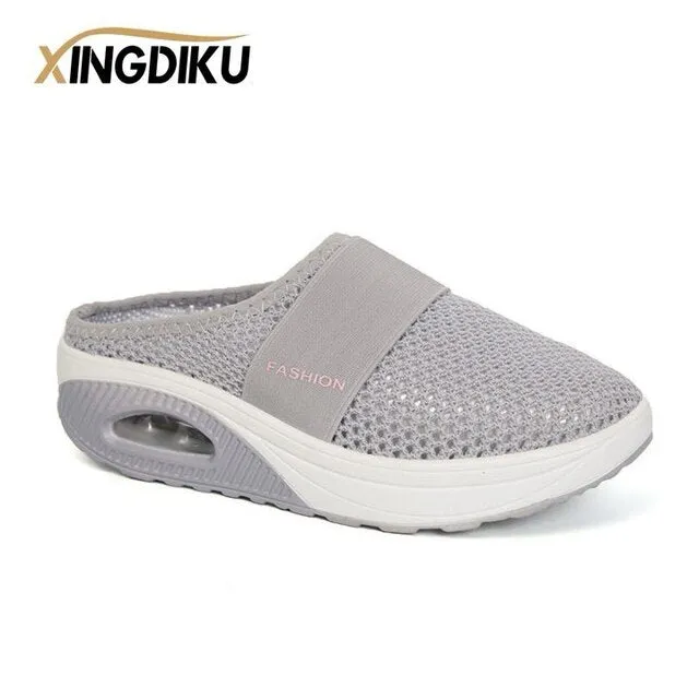 Sheepskin Slippers Air Cushion Slip-On Women Walking Shoes Orthopedic Diabetic Ladies Platform Mules Mesh Lightweight Slippers Wedge Female Sneaker